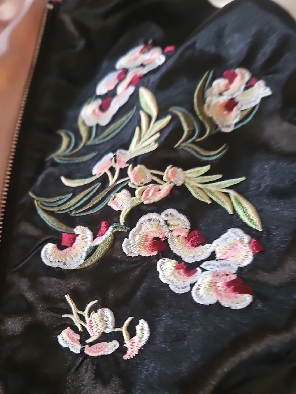 Floral Embroidered Black Satin Bomber Jacket with Pink Accents/ Reversable - Picture 3 of 10